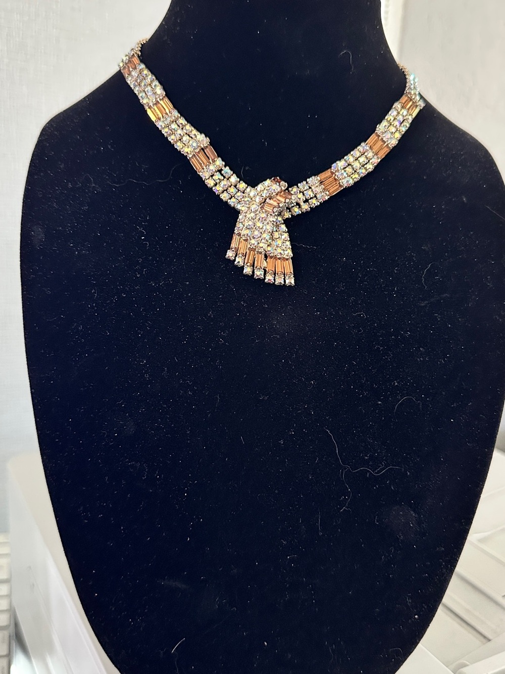 Vintage 1960s AB Rhinestone & Topaz Baguette Necklace Earrings Demi Parure